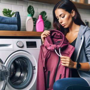 žena sedí u pračky, v ruce drží softshellovou bundu a váhá, jakým způsobem jí správně vyprat
